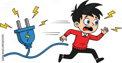Scared cartoon boy running away from a blue electric plug electricity danger