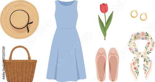 Spring feminine fashion outfit flat vector pack with straw sun hat blue sundress red tulip flower pink sandals floral scarf wicker basket representing elegant warm weather style isolated