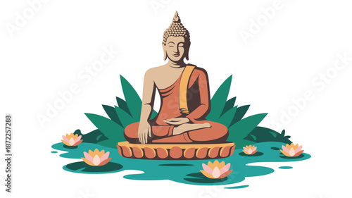 A serene Buddha illustration sitting in meditation on a lotus flower in a peaceful water setting.
