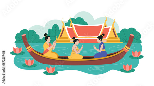 A serene vector illustration of three women in a traditional boat on a peaceful river with a temple in the background