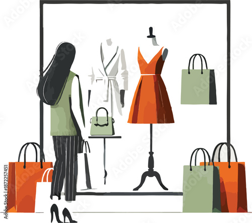 Woman shopping for fashion in a store window Keywords: shopping, fashion, woman, female, store
