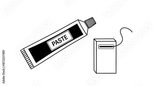 Toothpaste tube and dental floss icon, oral hygiene and dental care outline illustration.