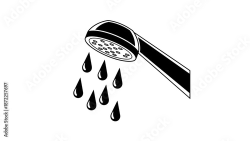 Shower head icon with water drops, bathroom equipment silhouette vector.