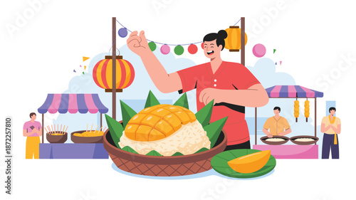 A vibrant illustration of a street food vendor serving traditional cuisine at an outdoor market