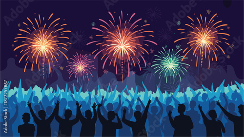 A vibrant vector illustration of a crowd celebrating with fireworks in the night sky
