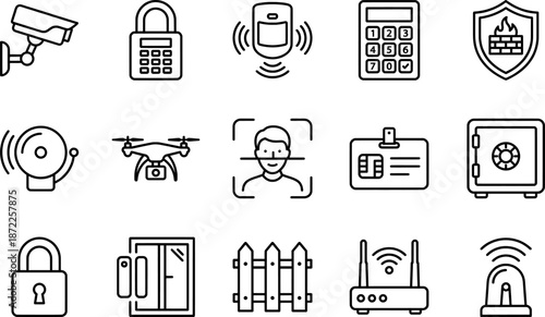 Security and surveillance line icon set