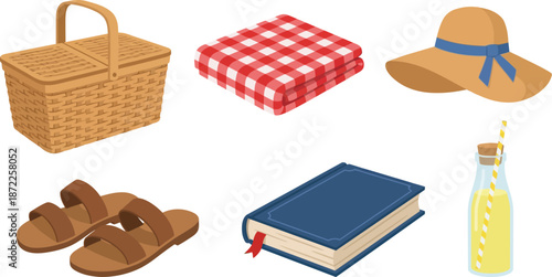 Spring picnic outdoor essentials flat vector pack with wicker basket red gingham blanket straw sun hat brown leather sandals blue book sunscreen bottle representing leisure activity isolated