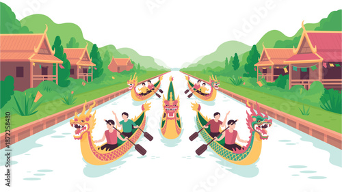 A vibrant illustration of people rowing dragon boats in a serene canal surrounded by lush greenery and traditional architecture.