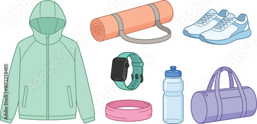 Spring athletic casual wear flat vector pack with mint green hoodie orange yoga mat white sneakers smartwatch pink water bottle purple duffel bag representing active lifestyle fitness routine isolated