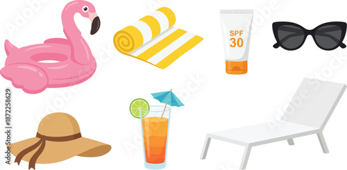 Summer poolside vacation essentials flat vector pack with pink flamingo float yellow beach chair sunscreen bottle sunglasses straw hat orange cocktail white lounge chair representing leisure relax