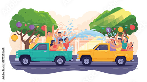 A colorful illustration of two pickup trucks driving on a road with people having fun and playing with water on a sunny day.