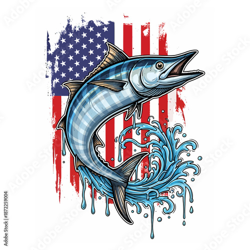 wahoo fishing american flag logo illustration vector t shirt design