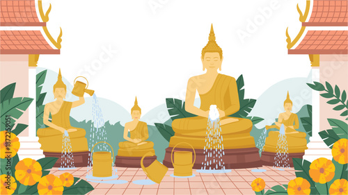 A serene vector illustration of Buddha statues being cleansed with water in a peaceful temple setting