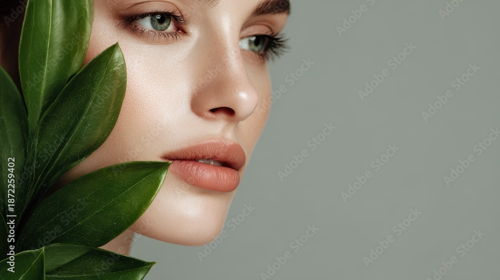 Fototapeta premium Young attractive woman adorned with green leaves Concept of skincare treatments Close up of a girl s face with foliage White model showcasing clear healthy skin in the studio