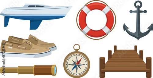 Summer nautical maritime theme flat vector pack with blue sailboat life preserver anchor wooden dock vintage compass brown chest representing coastal sailing adventure isolated
