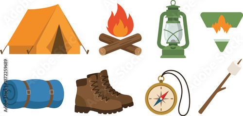 Summer outdoor camping adventure flat vector pack with orange tent campfire lantern hiking boots compass marshmallow stick representing wilderness exploration nature activity isolated