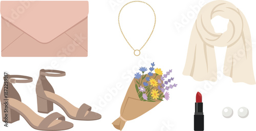 Summer elegant evening accessories flat vector pack with pink clutch pearl necklace cream scarf nude heels floral hand fan red lipstick earrings representing sophisticated warm weather style isolated