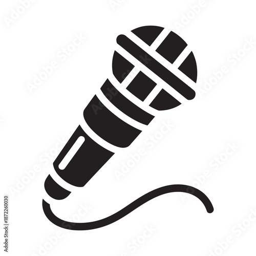 Simple black and white illustration of a classic dynamic microphone with a cable