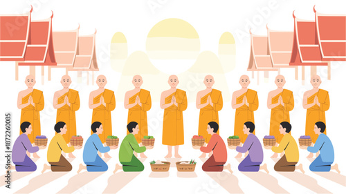 A serene Buddhist ceremony with monks and devotees in a peaceful setting