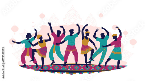 A vibrant illustration of people dancing together in a colorful and lively scene