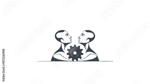 Two figures are facing each other, and a gear is centered between them. 