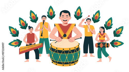 A vibrant illustration of a traditional Indian music band performing with various instruments and surrounded by colorful peacock feathers.