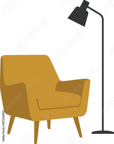 Mid-century modern accent chair with floor lamp flat vector illustration with mustard yellow upholstered armchair and black reading light representing retro living room furniture isolated