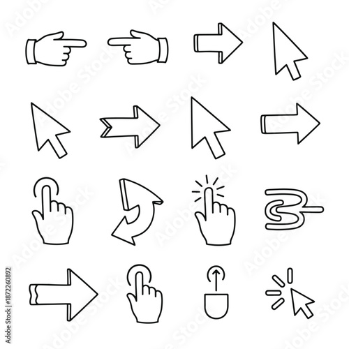 Black and white line of hands pointing and computer mouse in various positions