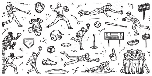 Collection of hand-drawn baseball elements including players in action, equipment, and stadium features, perfect for sports themes.