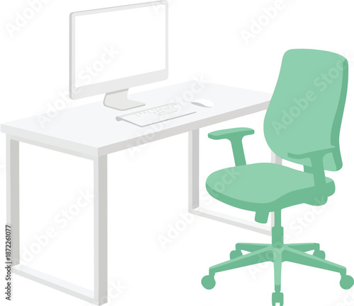 Minimalist home office furniture flat vector illustration with white desk and mint green ergonomic chair representing modern workspace study area interior design isolated
