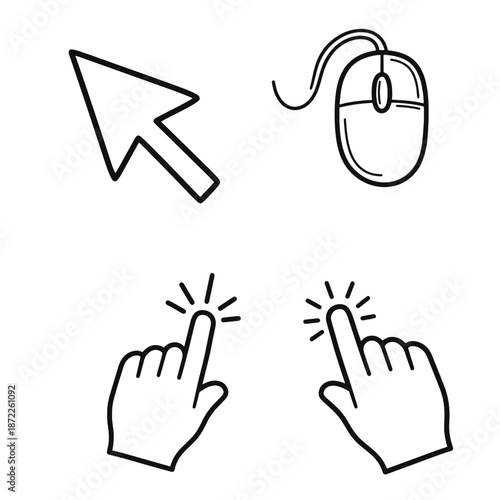 Hand pointing at computer mouse with finger and arrow