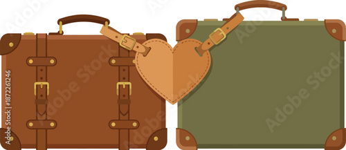 Vintage travel luggage collection flat vector illustration with brown leather suitcase and olive green canvas bag representing retro baggage antique travel accessories isolated
