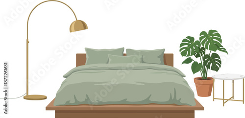 Scandinavian bedroom furniture set flat vector illustration with sage green bed arc floor lamp fiddle leaf fig plant side table representing nordic modern interior design isolated