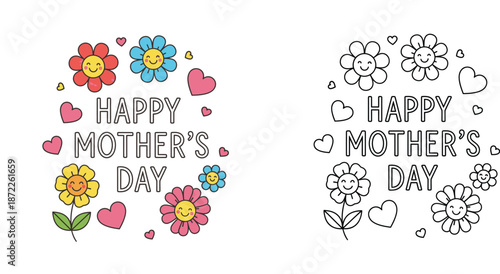 Happy Mother's Day Illustration Set for Card and Coloring Page featuring Cute Kawaii Flowers with Smiley Faces and Hearts, Outline and Colored Version for Kids DIY Activity