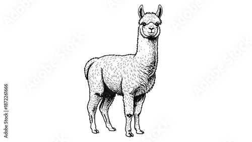 A standing llama illustration viewed from the side in a simple white environment