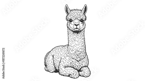 A serene llama sits calmly on a plain white background, viewed from the front with intricate line art