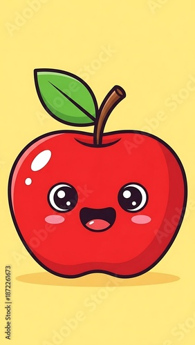 Cute cartoon red apple with leaf.