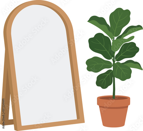 Minimalist entryway decor flat vector illustration with arched wood mirror and potted fiddle leaf fig plant representing modern home entrance foyer design isolated