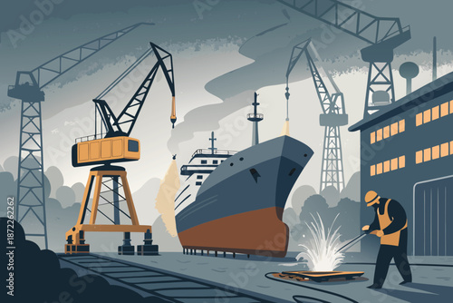 Foggy Port Ship Repair Yard Economy Vec