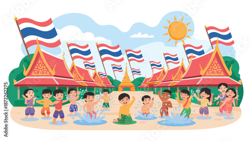 A colorful illustration of children celebrating a festive occasion with Thai flags and traditional architecture