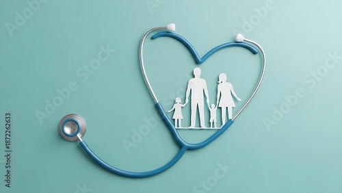 Conceptual healthcare graphic featuring a heart-shaped blue stethoscope protecting a small paper family on a seafoam green surface.