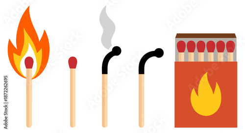 burning matchstick flame icon set