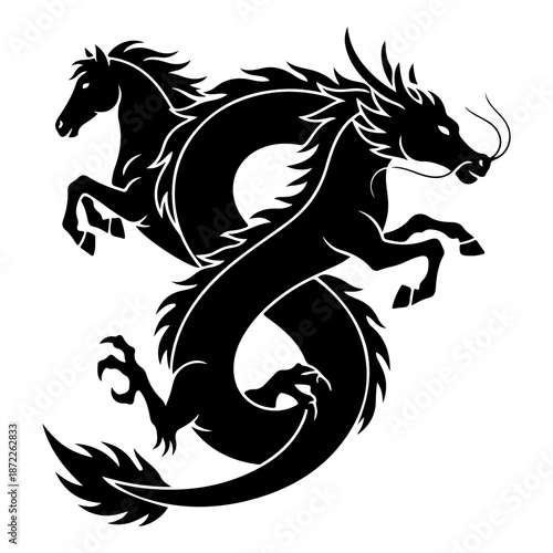 Powerful mythical dragon and spirited horses silhouette illustration, an intricate graphic design symbolizing ancient strength, grace, and unity in vector artwork