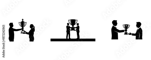 Vector illustrations of success and achievement, depicting people presenting and receiving prestigious award trophies, symbolizing victory, recognition, and triumph