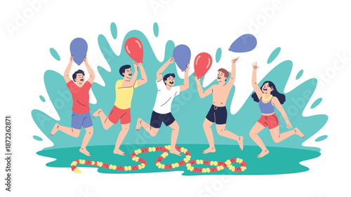 A colorful vector illustration of happy people playing pickleball with paddles and a ball