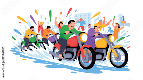 A vibrant illustration of people riding motorcycles with colorful splashes in the background