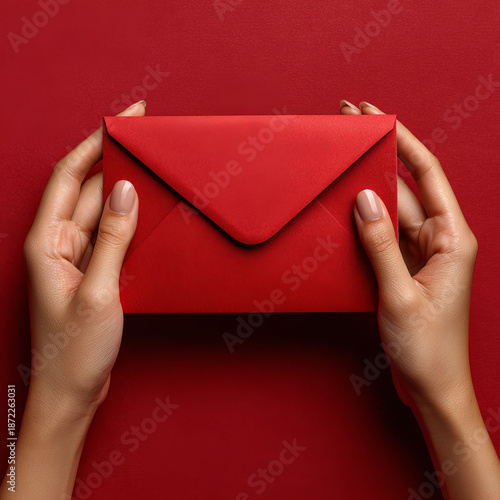 Red envelope held with both hands on red background, calm and elegant gesture for Chinese New Year