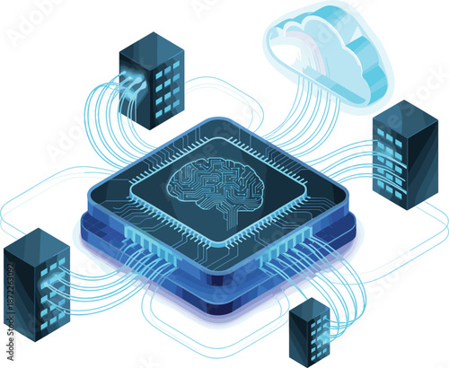 Artificial intelligence data processing illustration, neural network chip connected servers and cloud computing, futuristic technology concept, digital infrastructure design