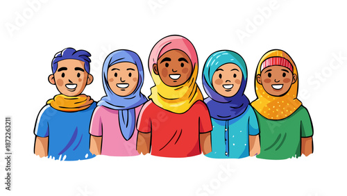 A diverse group of Muslims from different ethnicities (Asian, Arab, African) in a friendly doodle style. Bright skin tones and colorful hijabs/hats. Saturated primary colors. Professional hand-drawn v