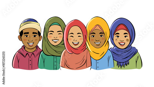 A diverse group of Muslims from different ethnicities (Asian, Arab, African) in a friendly doodle style. Bright skin tones and colorful hijabs/hats. Saturated primary colors. Professional hand-drawn v